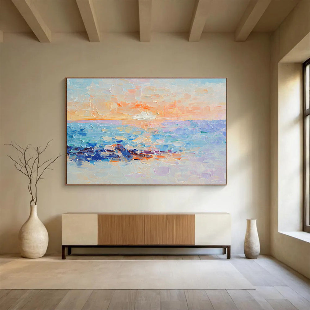 Large abstract oil painting capturing an ocean sunset with pastel colors reflecting light blue and purple hues beneath the water's surface.SC107