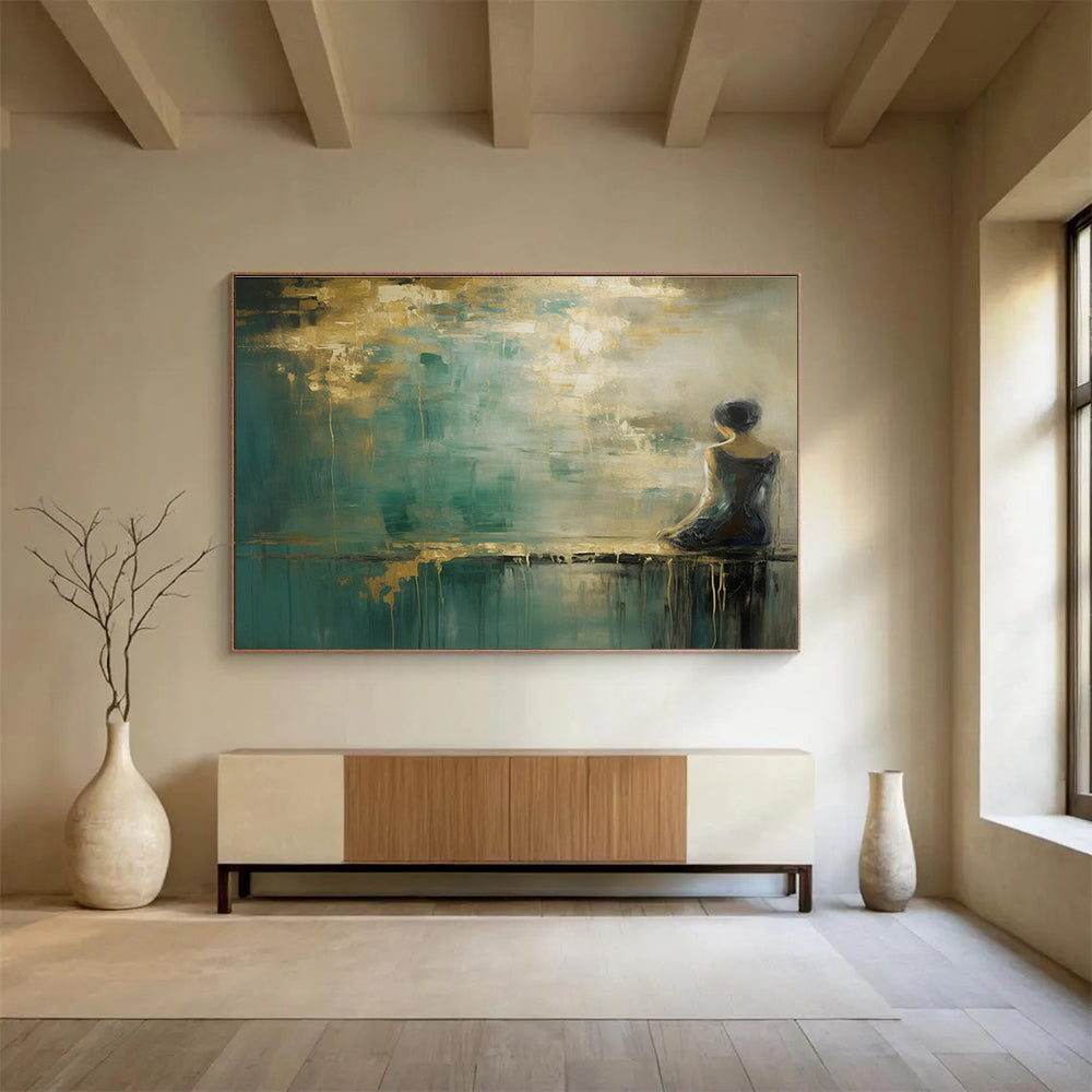 Teal and Gold Tones Figure - in - Landscape Abstract Painting THY086