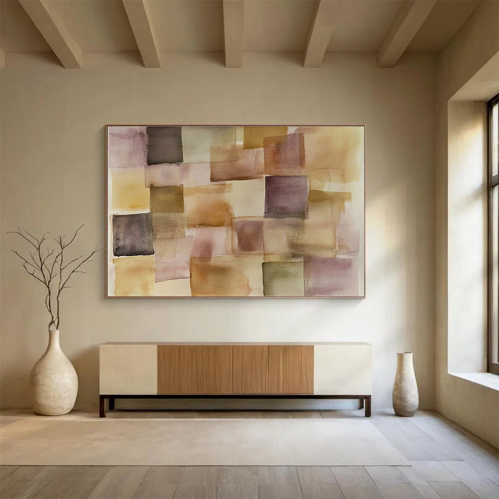 An abstract painting featuring soft pastel squares and rectangles in earthy tones of beige and brown, inspired by Paul Klee's style.SC619