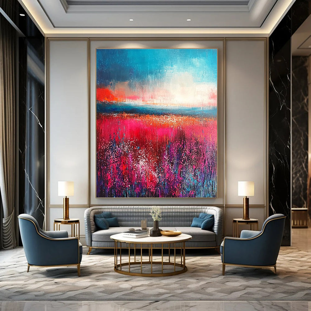 Large abstract painting with thick brush strokes in reds and pinks featuring an aqua blue sky and a detailed field of flowers.STSC117