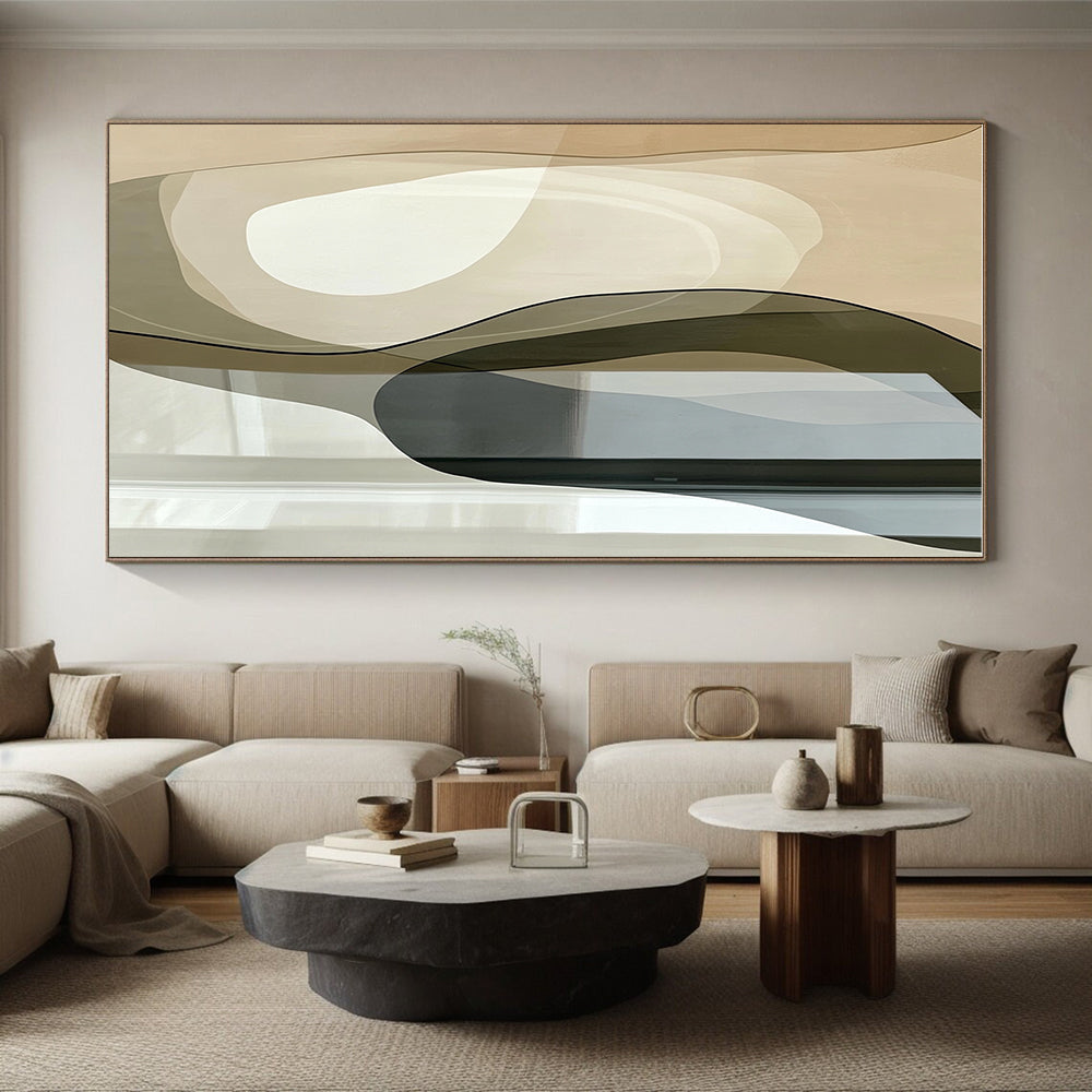 Beige and Black Curved Abstract Painting with Transparent Elements GER045
