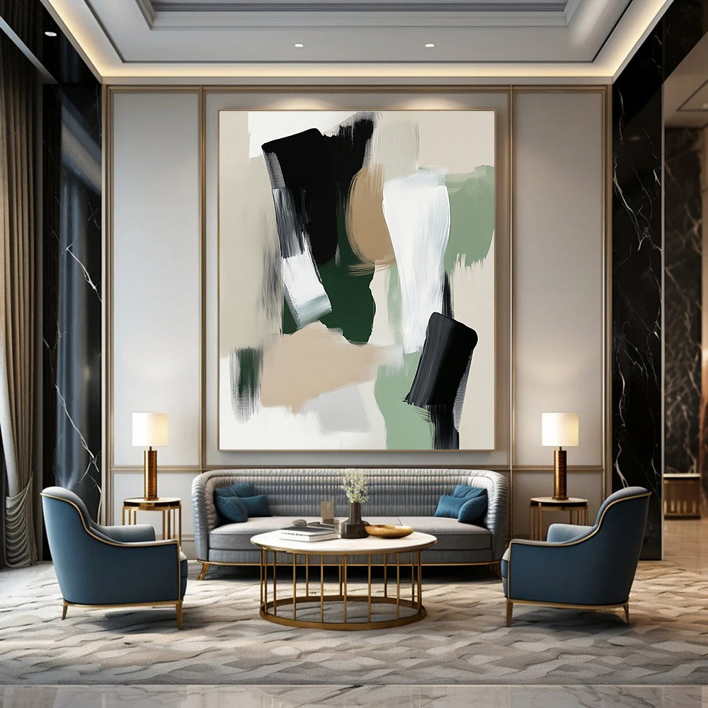 Large abstract painting featuring sage green white and black tones with soft edges and minimalistic brush strokes in a modern art style.STSC791