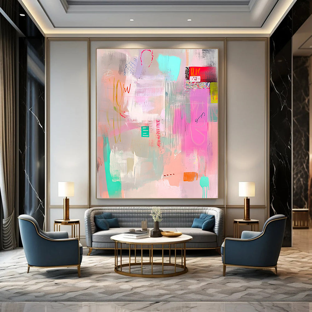 Large abstract painting in pastel pink aqua and lime green tones with soft brushstrokes layered with transparent elements and playful text.STSC1023