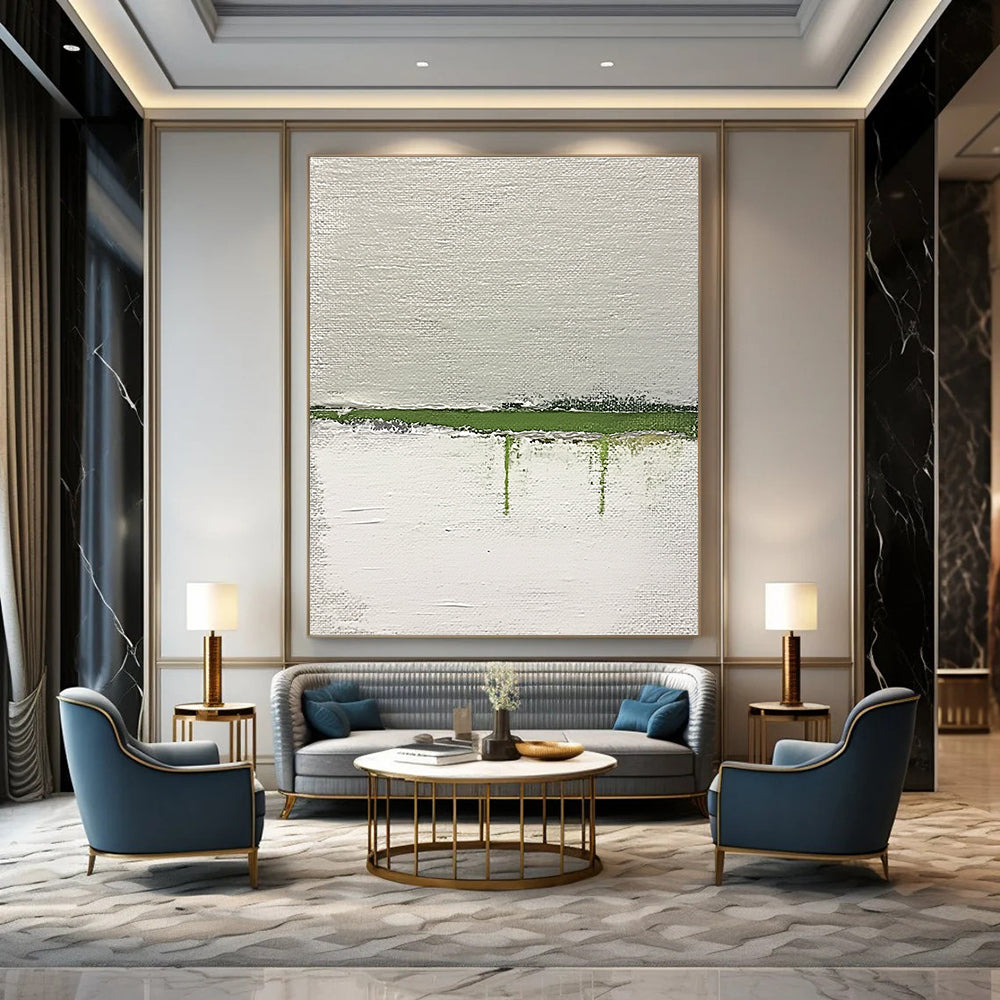 Large abstract painting featuring a green horizon on textured white canvas with thick impasto strokes accentuated by muted lime and gray tones.STSC1094