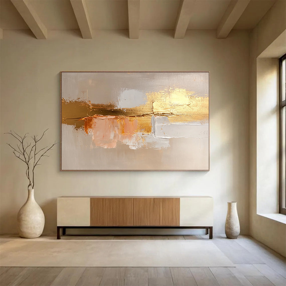 Large abstract painting in beige and gold, featuring soft brush strokes and textured canvas for a serene and elegant atmosphere.SC218