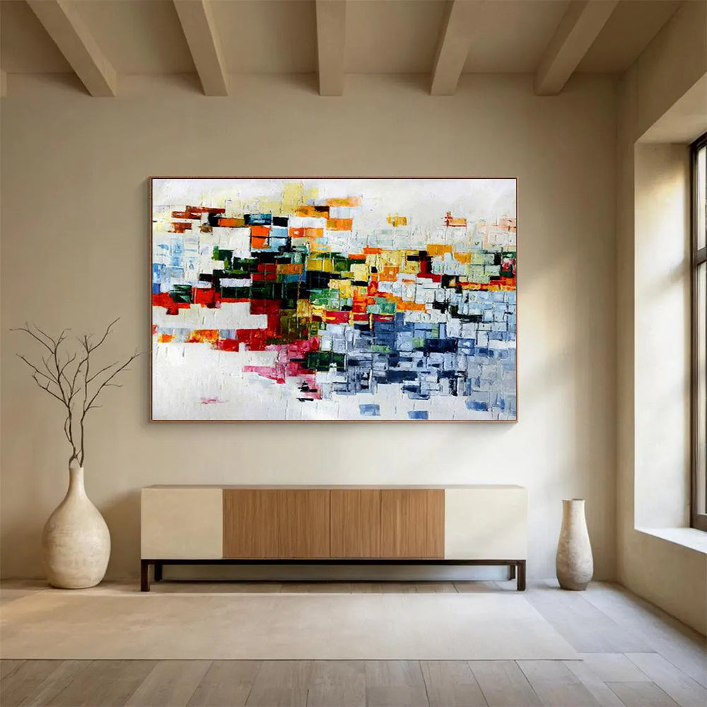Colorful Pixel - Like Abstract Painting with Patchwork Shades THY286