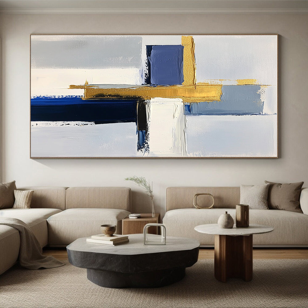 Blue and Gold Abstract Painting with Layered Geometry GER567