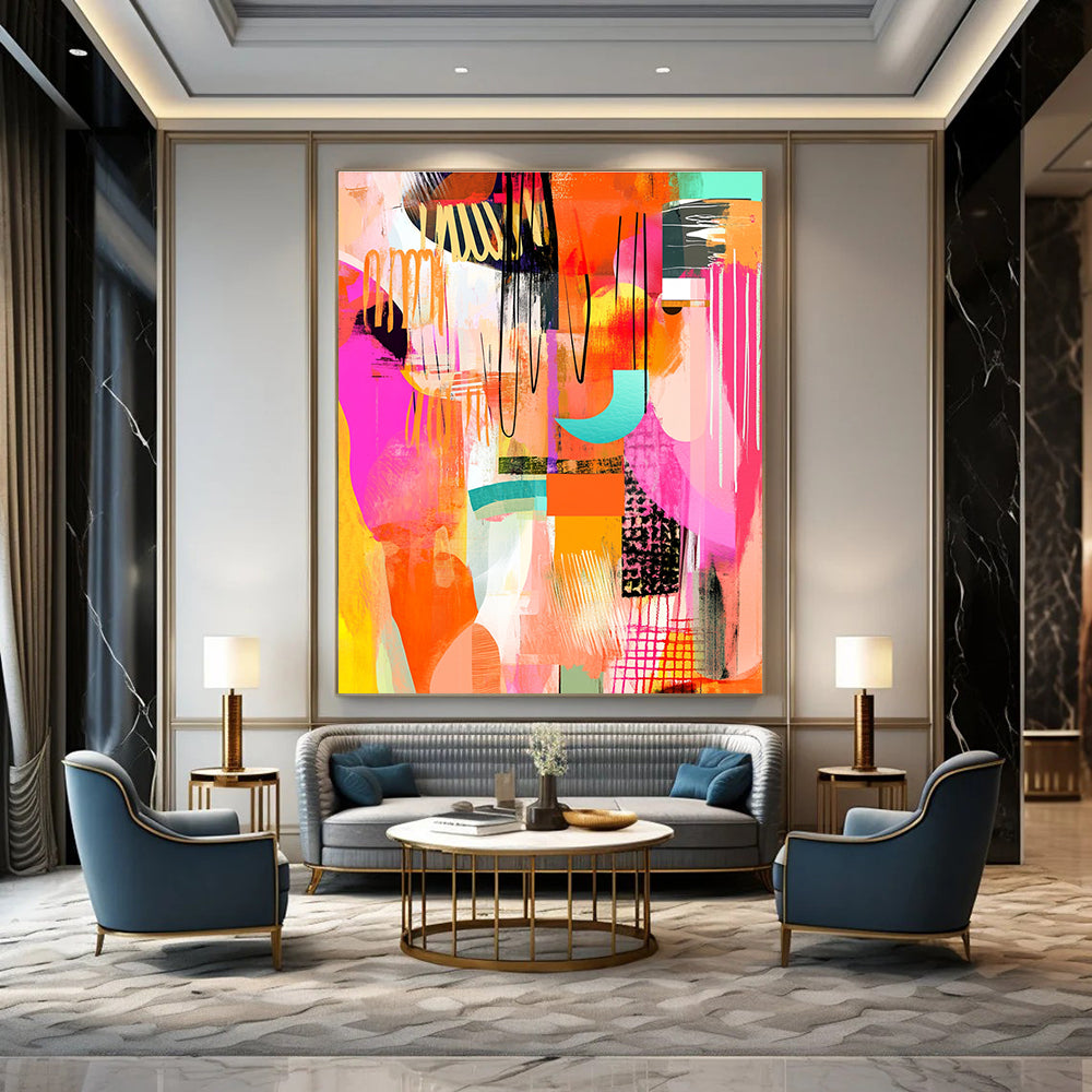 Large abstract art featuring pink orange yellow and white shapes with whimsical patterns bold lines and hand-drawn textures in a vibrant warm color palette.STSC046