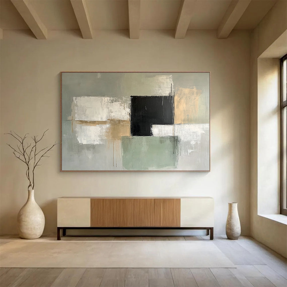 Gray and Green Abstract Painting with Geometric Forms DYP369