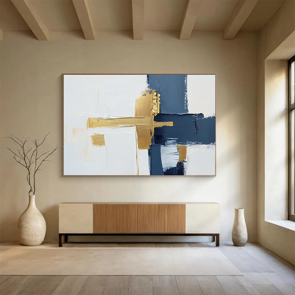 Navy Gold White Abstract Painting with Textured Cross Design DYP426