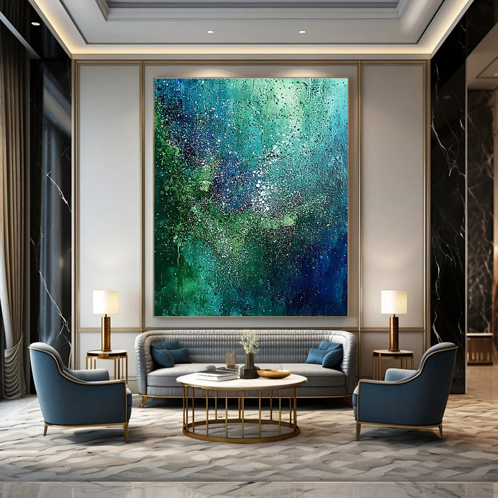 Abstract painting with green and blue hues featuring pointillist dots forest patterns and sparkling accents on a dark sky-blue backdrop.STSC066