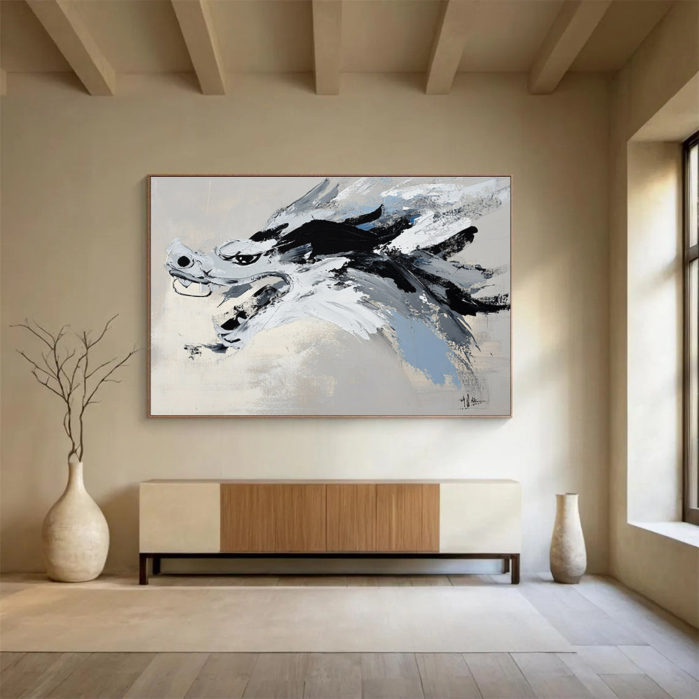 Abstract painting with black and white brushstrokes on light gray, featuring a close-up of a Chinese dragon head in Wu Guanzhong style.SC228