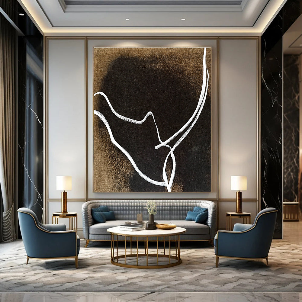 An abstract artwork featuring minimalist line art of a rhinoceros' horns in white on a dark brown background, inspired by Matisse and Dubuffet.STSC1346