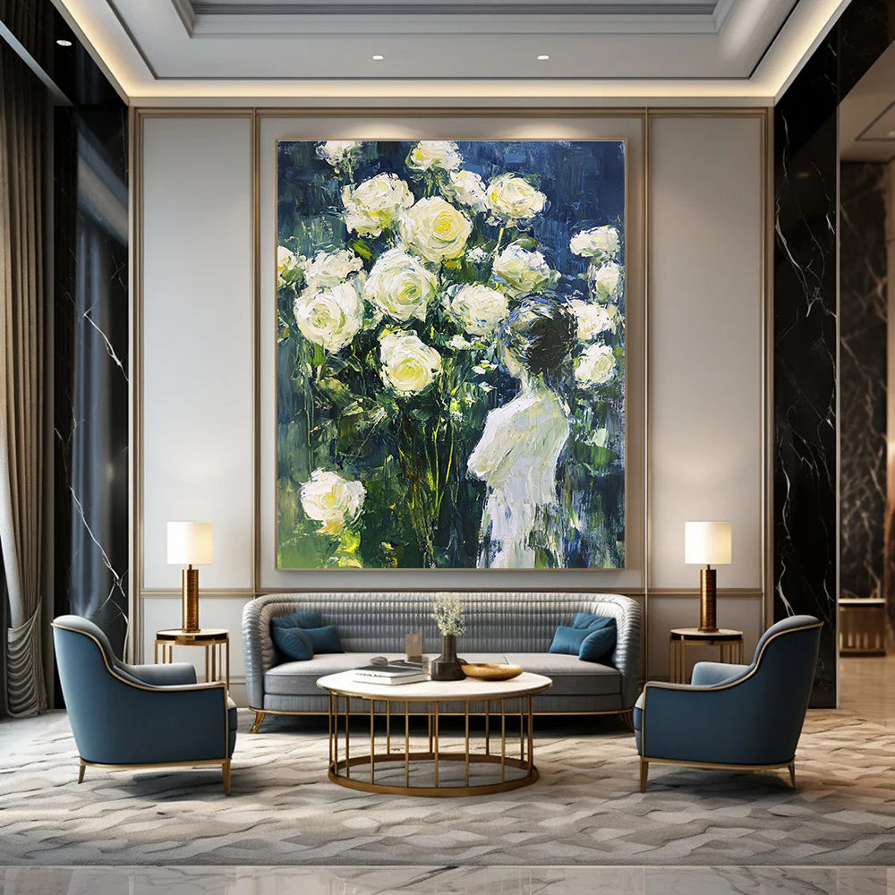 Abstract painting of fluid white roses on a dark blue background with light green accents, perfect for enhancing any space.STSC1489