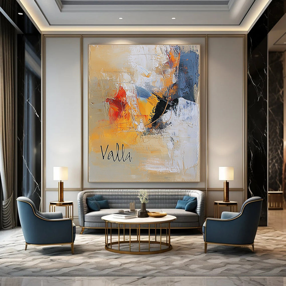 Large abstract oil painting in warm beige and cool whites features cursive "Valla" with textured brushstrokes and two happy figures in black attire.STSC580