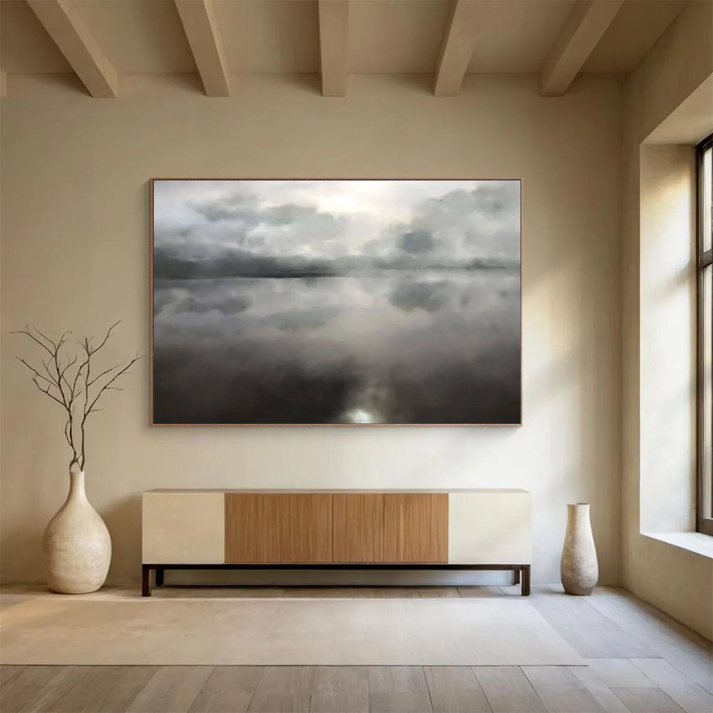 Monochrome Lake Abstract Painting with Cloud Reflections THY124
