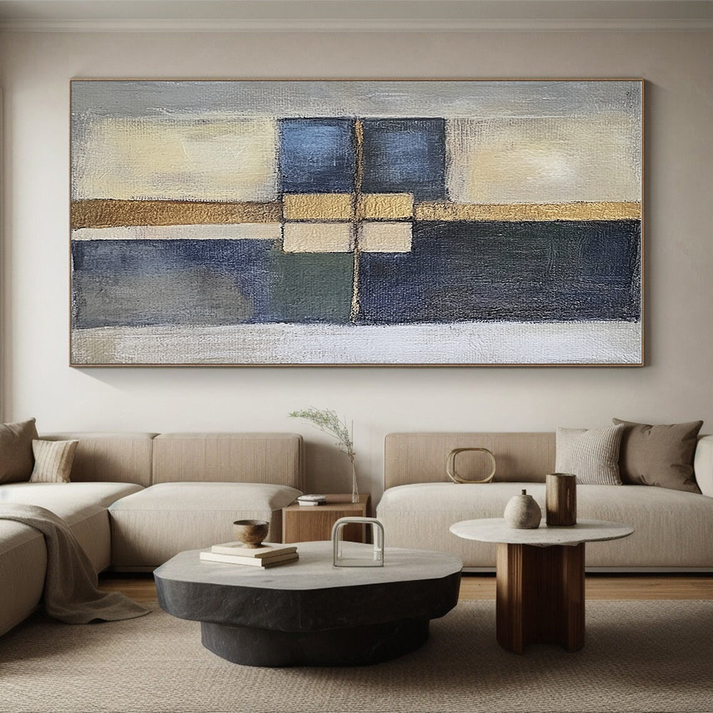 Blue Gold Abstract Painting with Structured Forms GER814