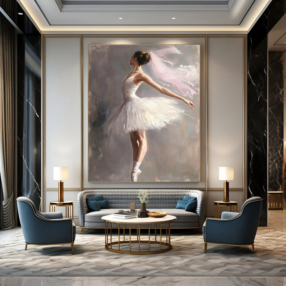 A large abstract painting of a graceful ballerina in a white tutu against a muted gray background capturing elegance and beauty in motion.STSC1004