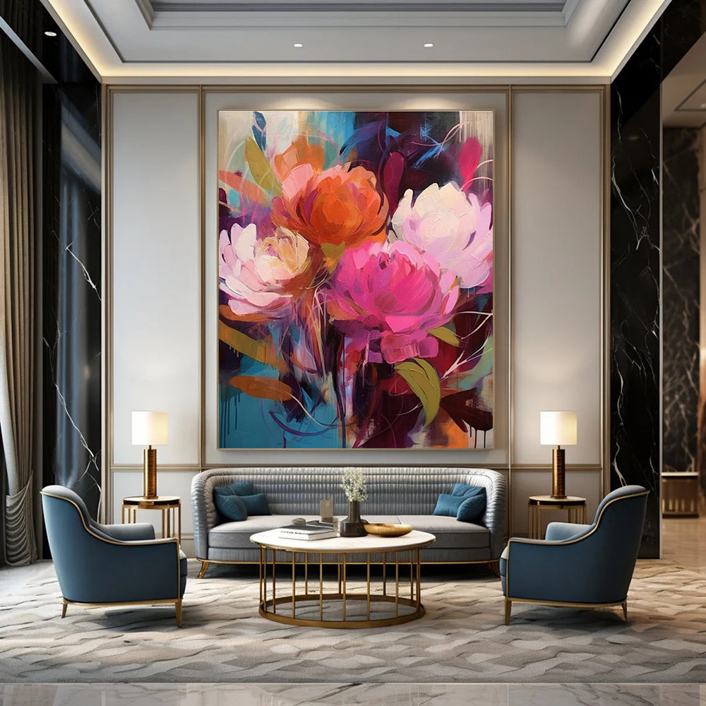Vibrant Floral Abstract Painting with Bold Pink and Orange ADGE427