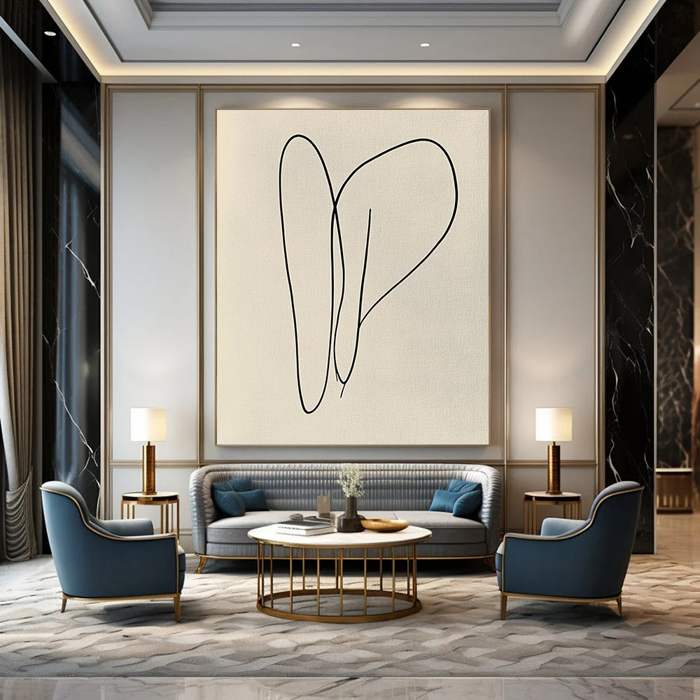 Large abstract artwork featuring bold black lines on light grey paper with organic shapes in a continuous line style evoking joy and vibrancy.STSC1182
