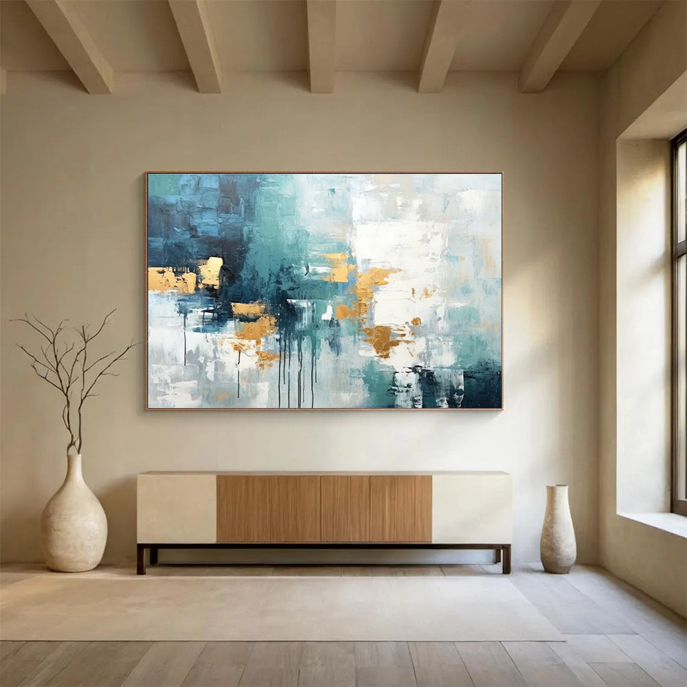 Teal Grey Gold Abstract Painting THY072
