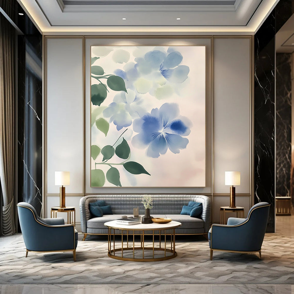 Large abstract watercolor painting of light blue and white flowers with green leaves against a soft gray gradient emphasizing fluidity and movement.STSC1050
