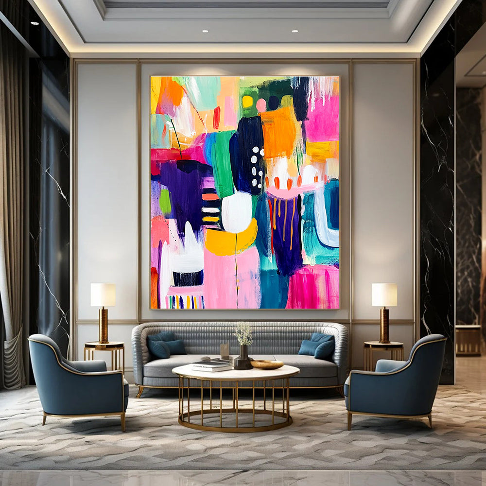 A large abstract painting bursting with vibrant colors and dynamic shapes representing happiness creativity and playful celebration in an art gallery setting.STSC1219