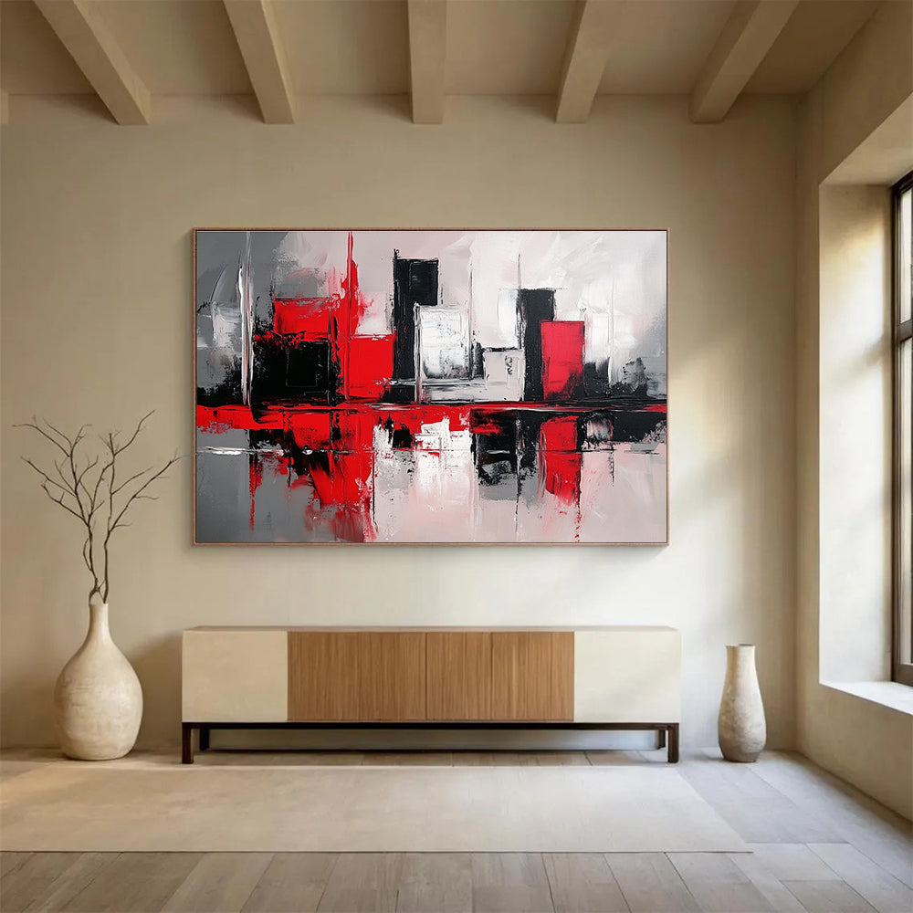 Red Black and White Abstract Painting with Cityscape Reflections DYP398