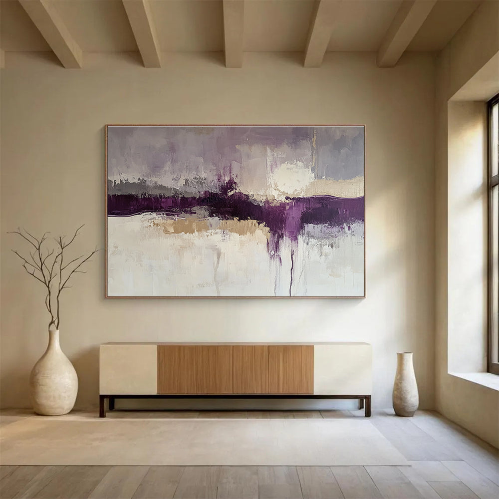 Purple and Beige Abstract Landscape Painting with Textured Layers DYP248