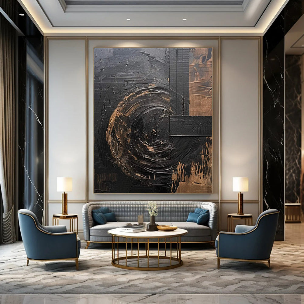 Black - Gold Abstract Painting with Swirling Textures ADGE476