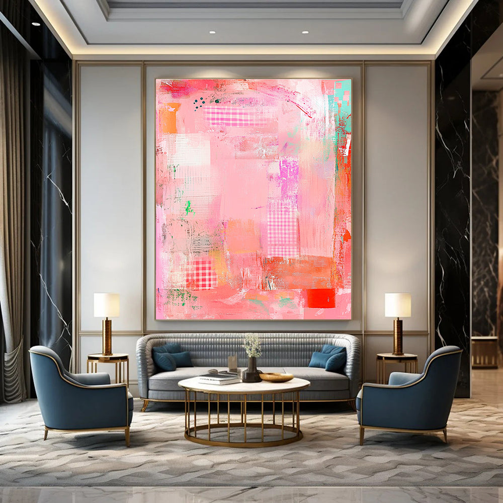 Large abstract painting featuring a pink background with whimsical patterns soft textures and a playful border creating a sense of artistic freedom.STSC830