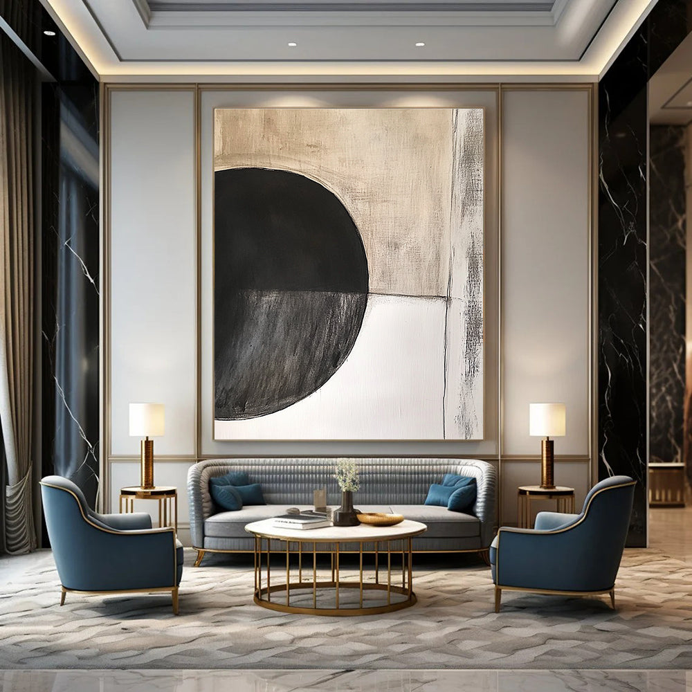 Large abstract painting featuring an oval black circle with dark grey texture on beige textured background by Peter Cresely.STSC664