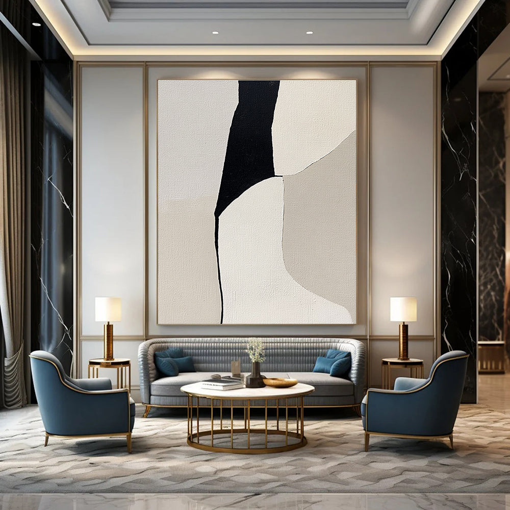 Abstract painting featuring a woman's form in shades of gray and beige on light gray canvas highlighting minimalism and depth through negative space.STSC792