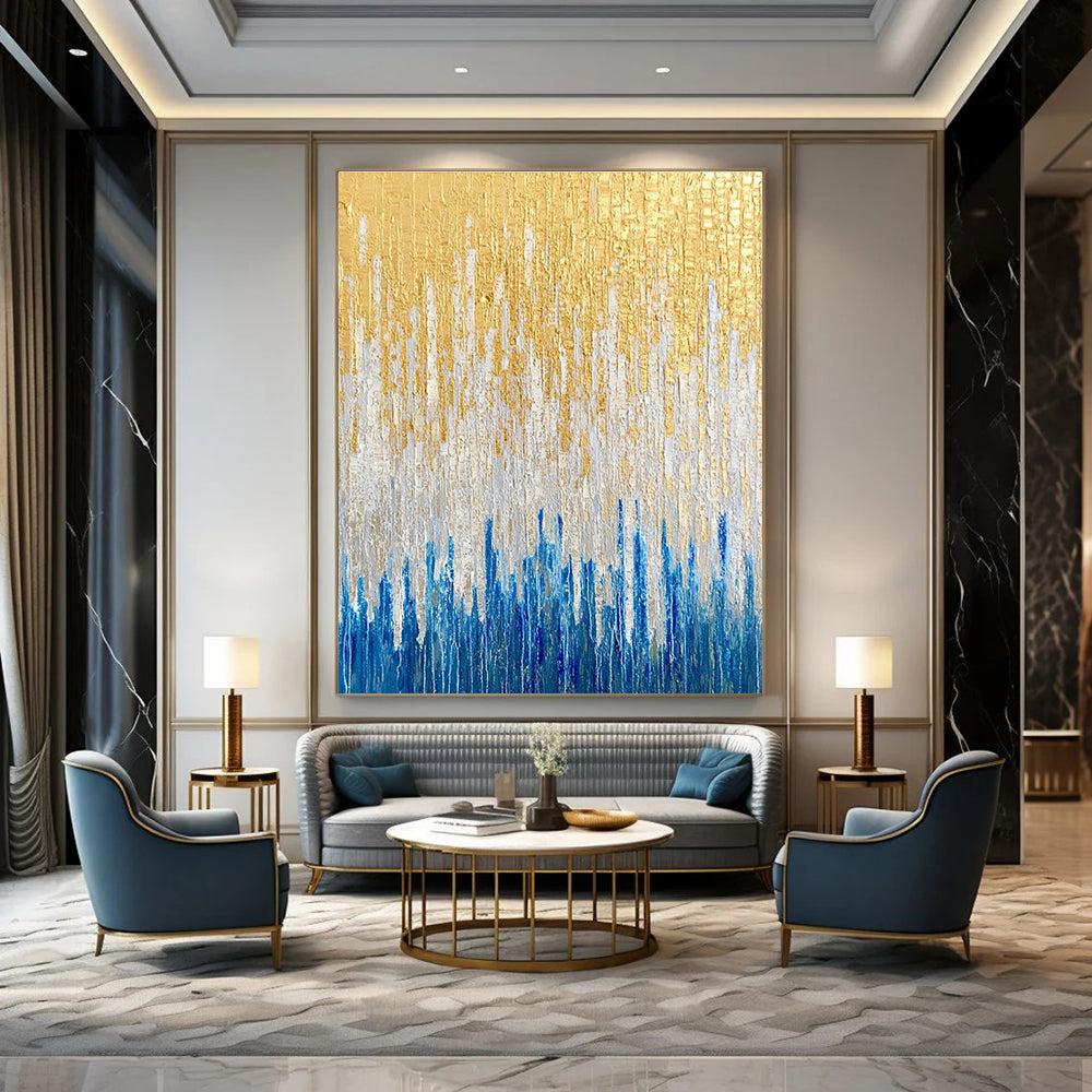 Large abstract oil painting featuring golden blue and white vertical lines against a textured neutral background.STSC163