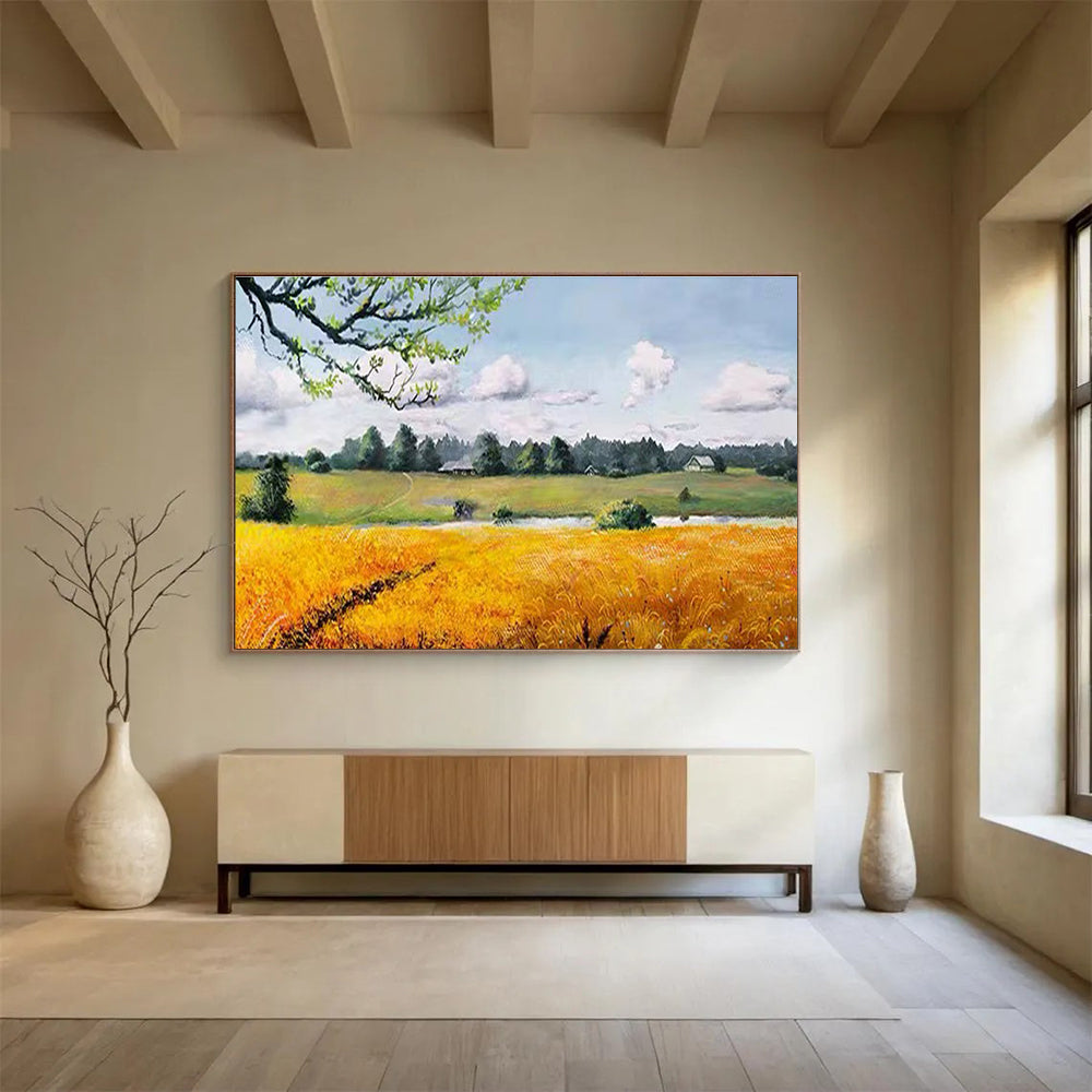 Countryside Field Abstract Painting with Yellow, Green, and Blue Tones THY208