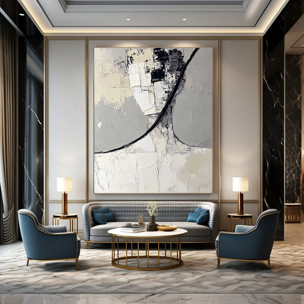 Large abstract painting in white and gray features black curved lines and layered irregular blocks creating a simple and clean composition.STSC383