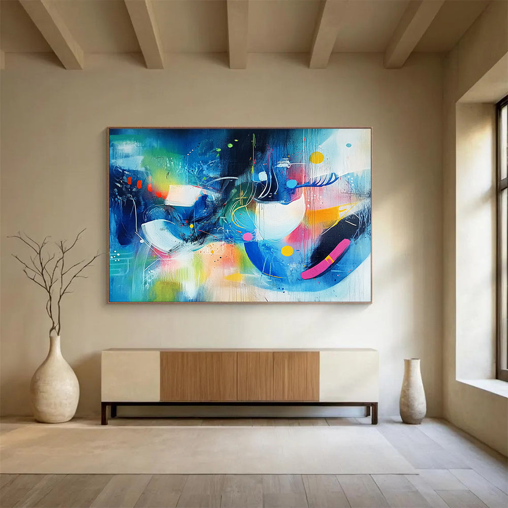 Vibrant abstract painting featuring colorful shapes and lines in shades of blue and green with bright accents, embodying a sense of dynamic movement.SC216
