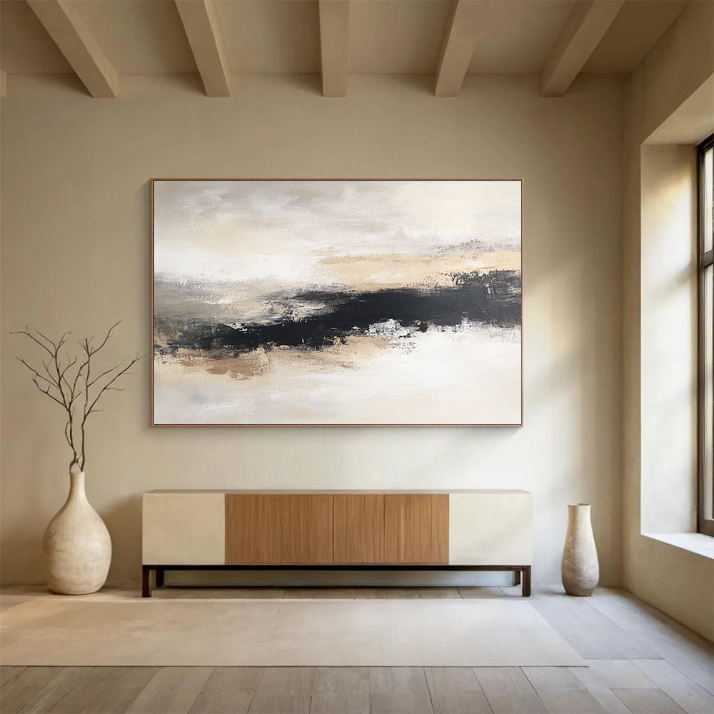 Beige and Black Abstract Painting with Landscape Motifs DYP405