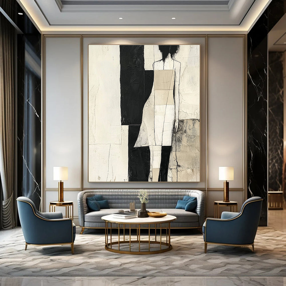 Large abstract painting in black and white with gray and beige strips against a soft cream background inspired by various artistic styles.STSC674