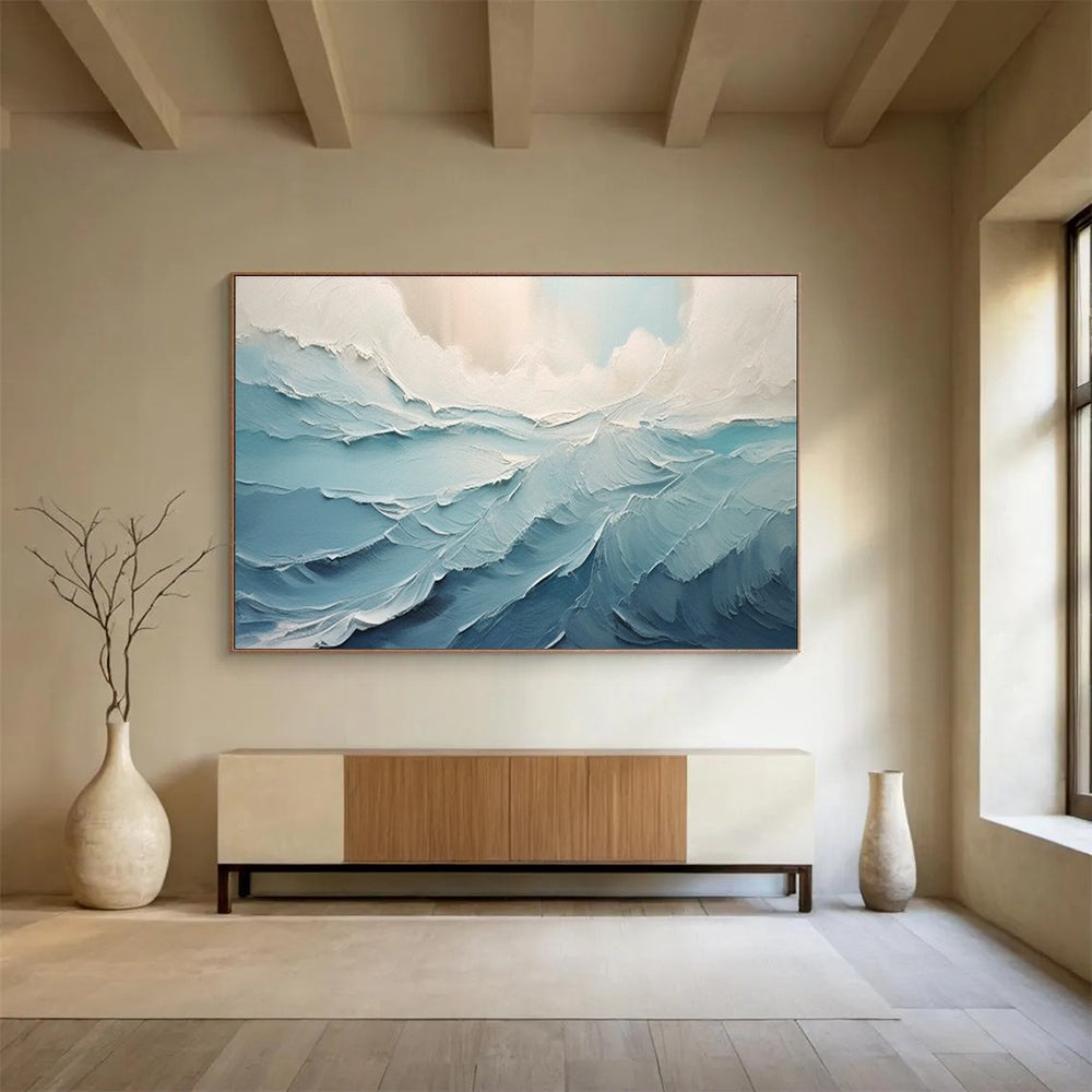 Textured Sea Waves Abstract Painting with Blue and White Tones THY227