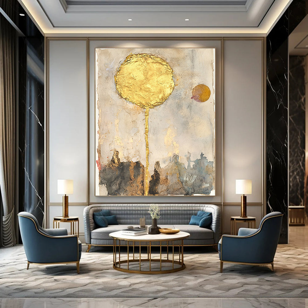 Abstract artwork featuring watercolor sun with gold leaf mixed media collage vintage papers and neutral tones inspired by John Bauer.STSC1461