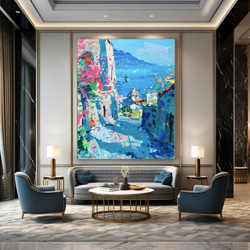 Coastal Town Abstract Painting with Blue and Pink Hues ADGE530