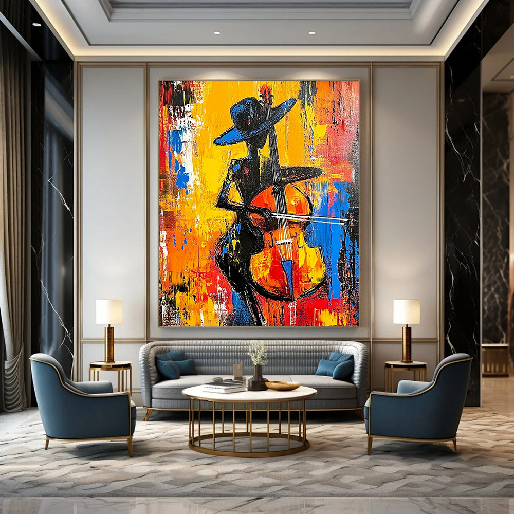 Large Abstract Painting Featuring A Woman In Black With A Hat Playing Cello In Vibrant Red Yellow Blue And Orange Tones Inspired By Anna Bocek.STSC1261