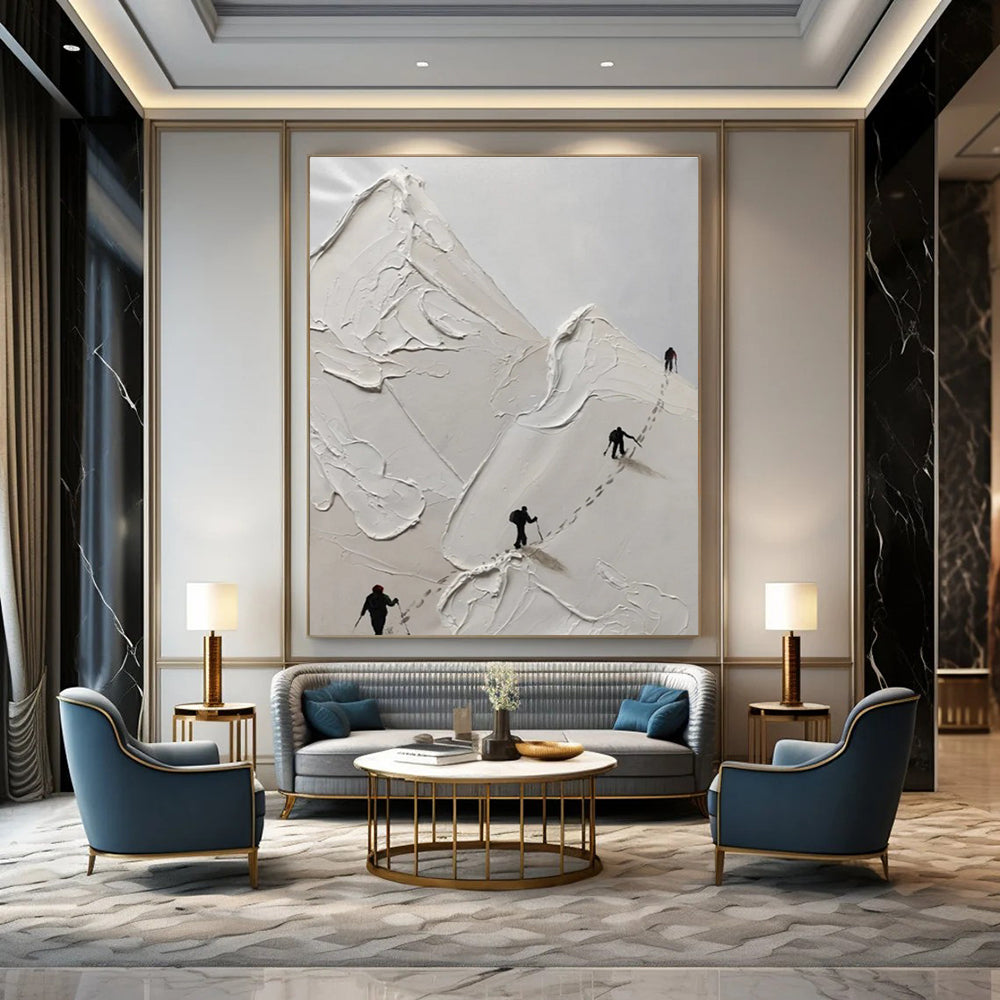 White Textured Mountain Climbing Abstract Painting with Black Silhouettes ADGE317