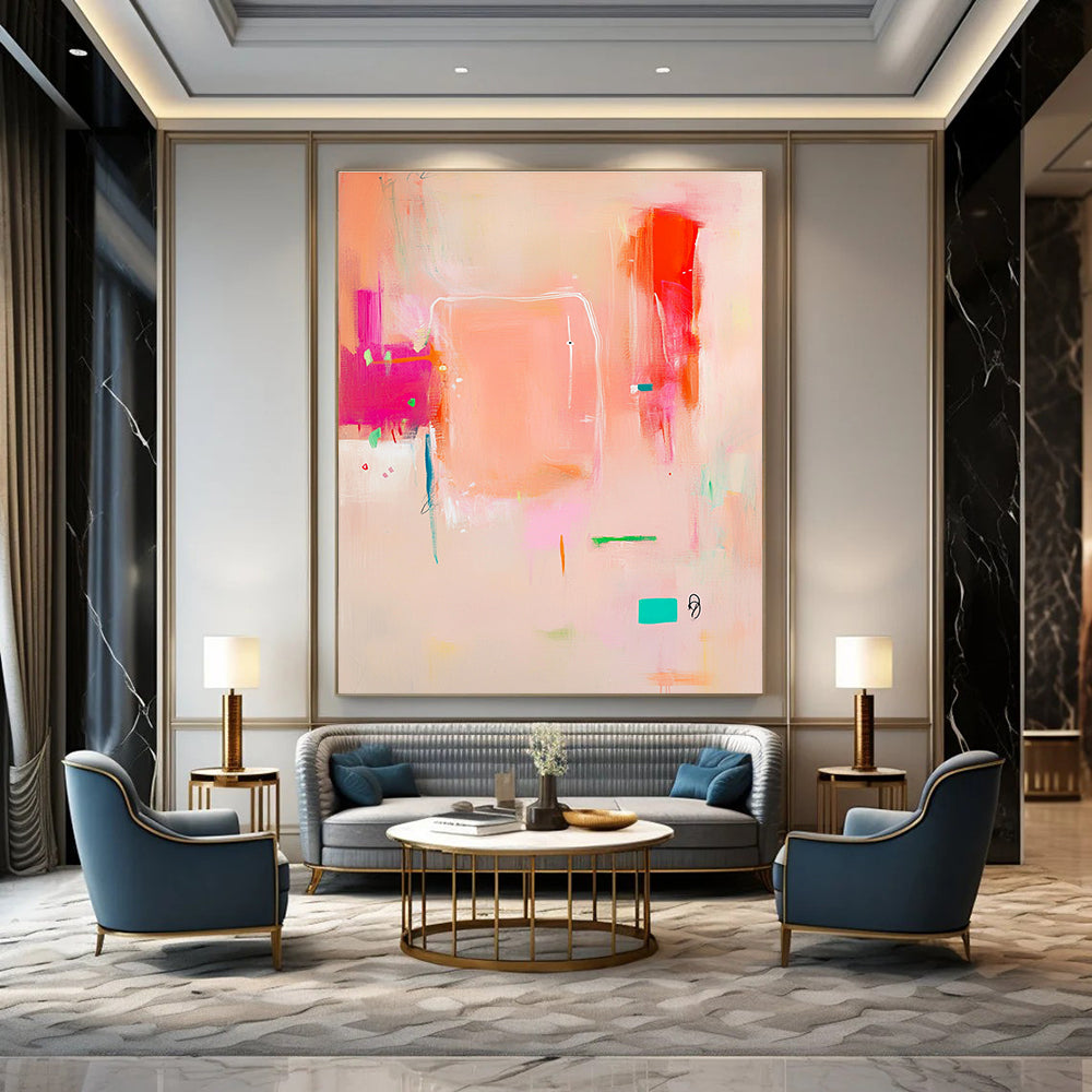 Abstract painting in pink white and orange with soft lines on beige featuring joyful elements a colorful central square and an empty text space.STSC689