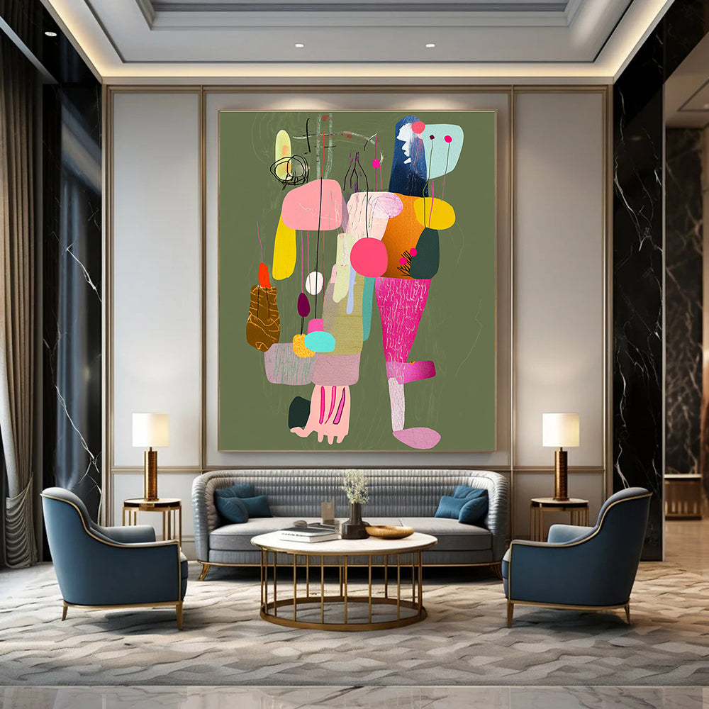 Large abstract painting featuring a colorful collage of limbs with strings connecting to various places against a muted greenish brown background.STSC970