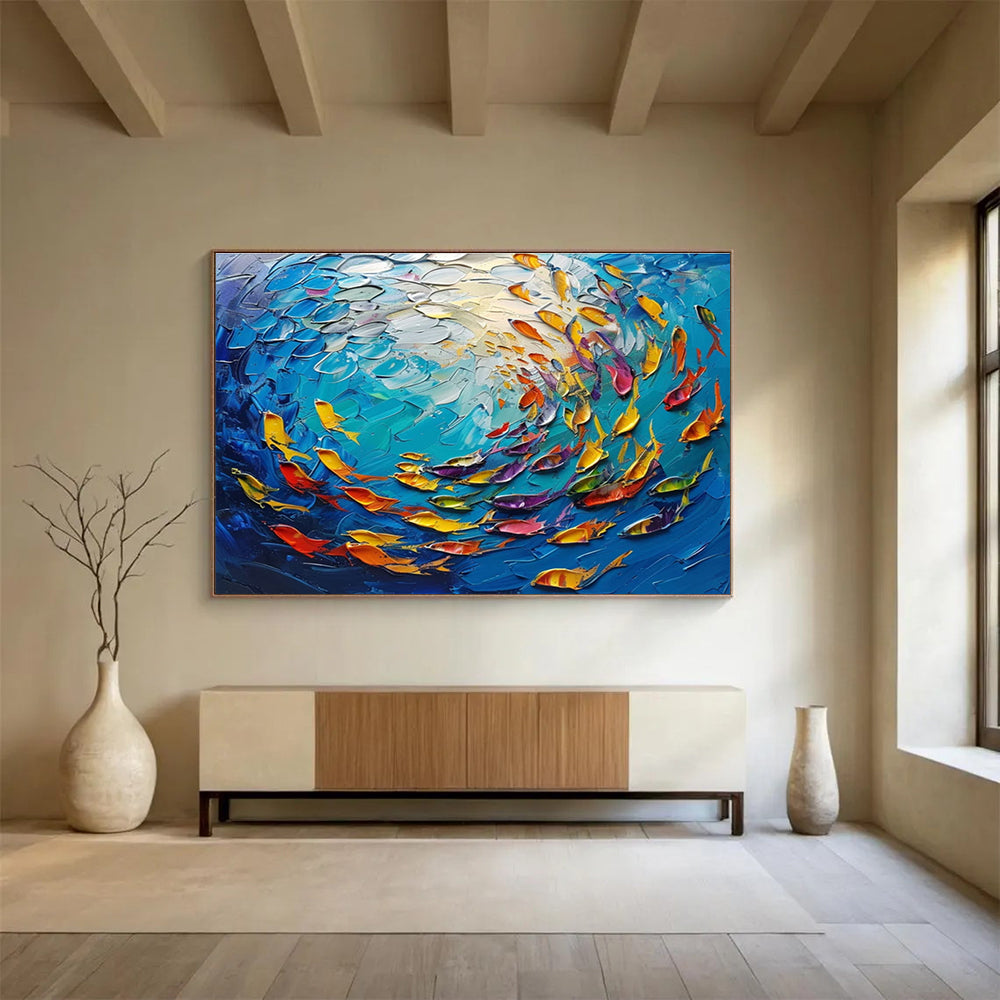 Colorful Fish School Abstract Painting with Blue, Yellow, and Colorful Fish THY199