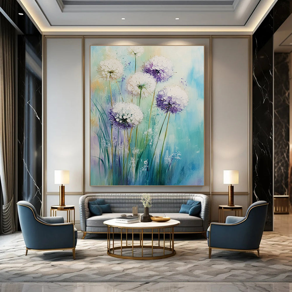 Large abstract painting of white alliums with purple accents on an aquamarine lavender background featuring soft brushstrokes and a dreamy Impressionist atmosphere.STSC1148