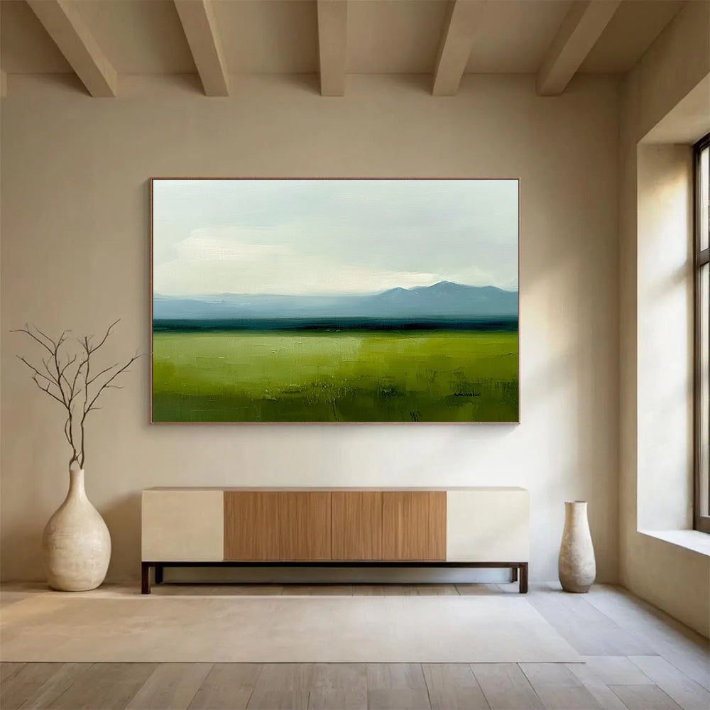 Vast Green Plain Abstract Painting with Green and Blue Tones DYP567