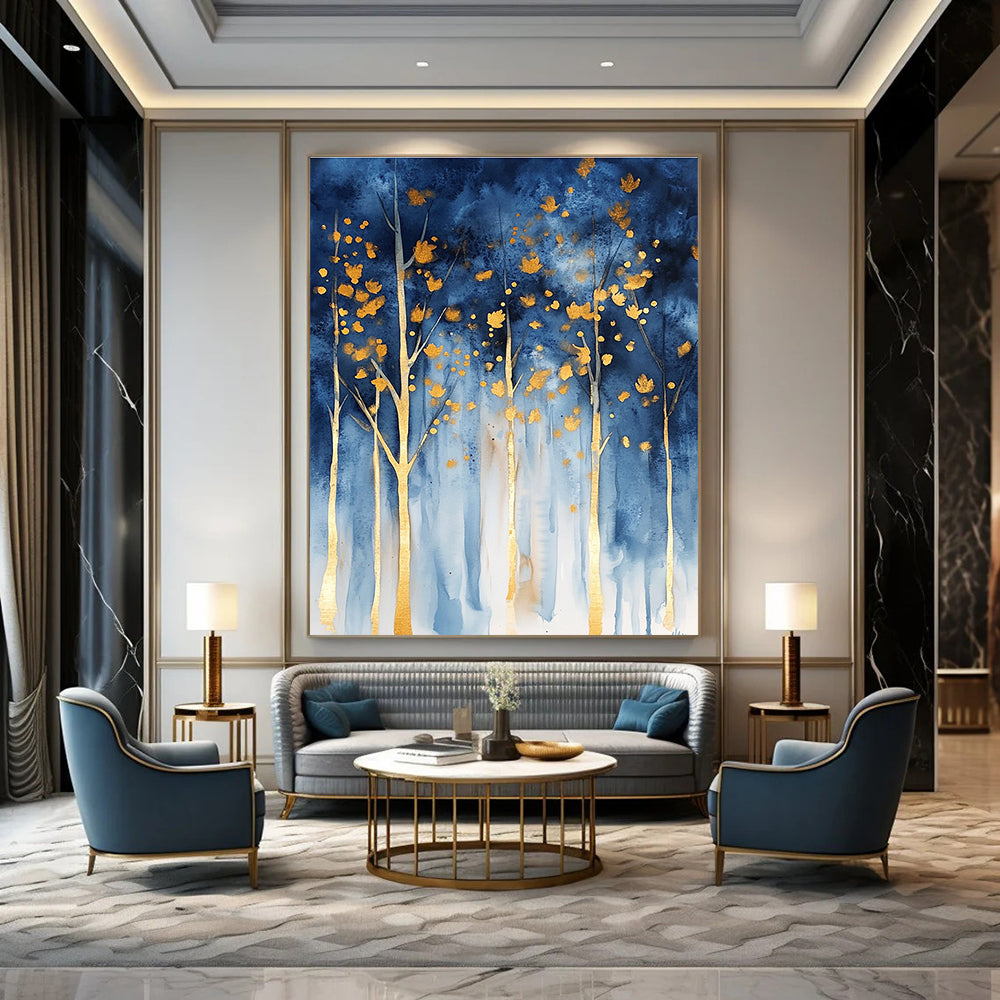 Abstract forest in watercolor with blue and gold hues and gold foil accents featuring trees with golden leaves against a dark sky.STSC059